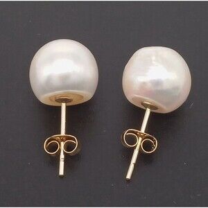 Natural Akoya Japanese White 8-9mm Pearl Stud Earrings Solid 14k Yellow Gold